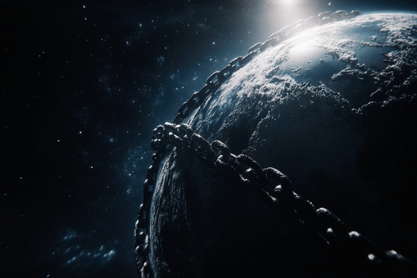The Earth from space with giant chains wrapped around it