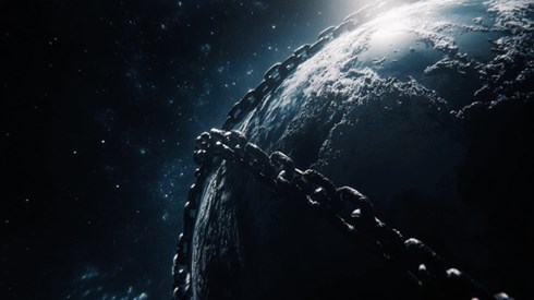 The Earth from space with giant chains wrapped around it