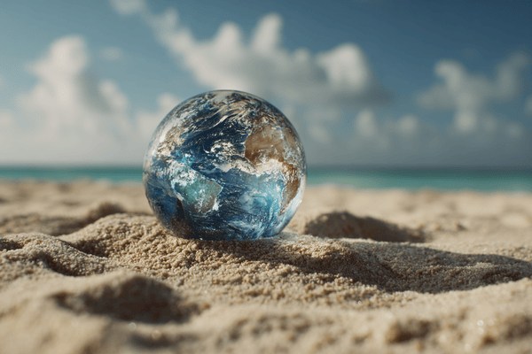 A crystal globe on the sand on a beach