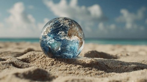 A crystal globe on the sand on a beach