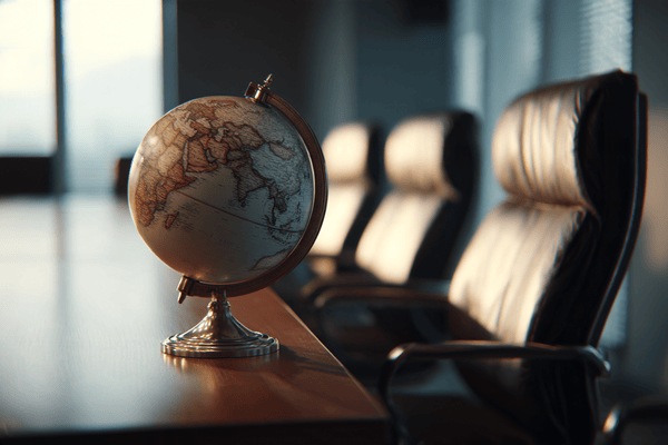 A globe sits on a conference table that is surrounded by leather high-backed chairs