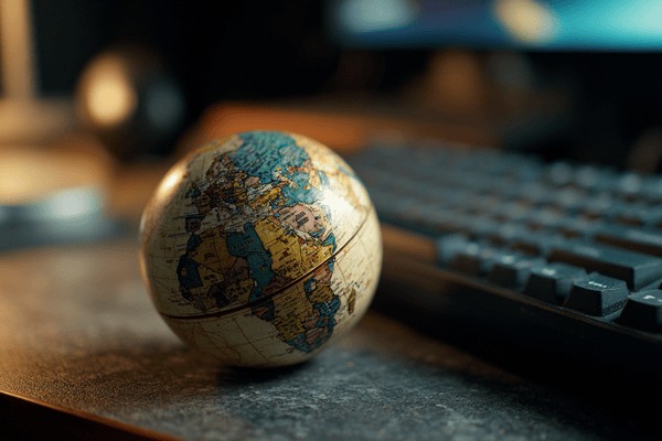 A globe on an office desktop next to a computer keyboard