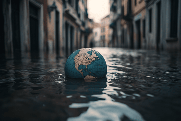 A globe floating in a flooded street between buildings