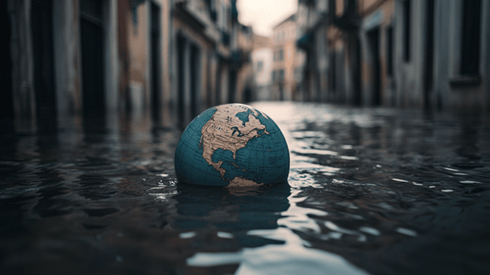 A globe floating in a flooded street between buildings