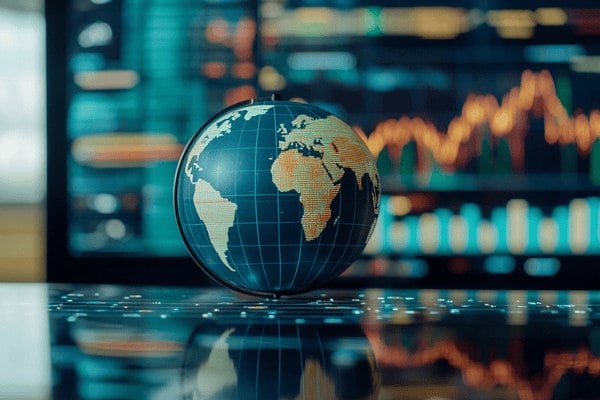 A globe in front of various graphs