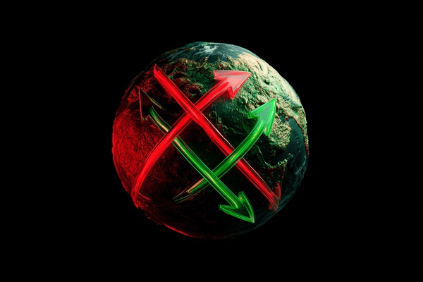 Red and green arrows criss-crossing a globe