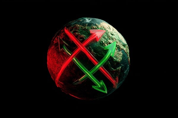 Red and green arrows criss-crossing a globe