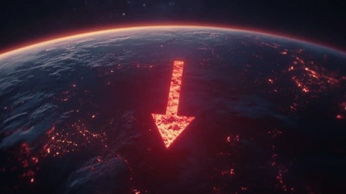 A red arrow pointed down on the earth from space