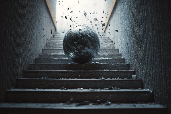 A globe rolling down a staircase