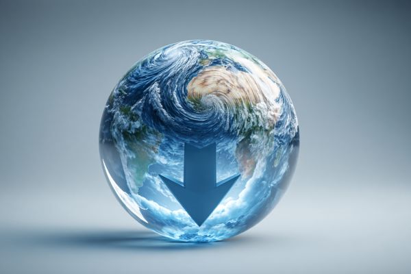 crystal ball globe of the earth with swirling clouds and a blue down arrow on it