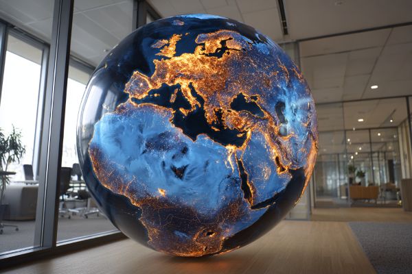 large blue and orange globe with Europe lit up with orange lights in a professional corporate office