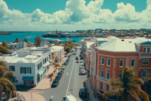street and buildings in Hamilton, Bermuda with harbor in background