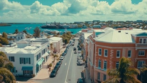 street and buildings in Hamilton, Bermuda with harbor in background