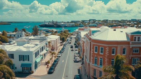 street and buildings in Hamilton, Bermuda with harbor in background