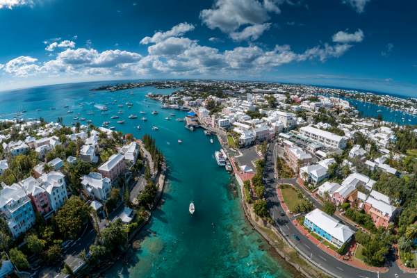 overhead drone wide angle shot of the harbor in Hamilton, Bermuda