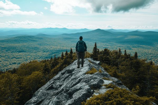 A hiker on top of a mountain looking out across the valley