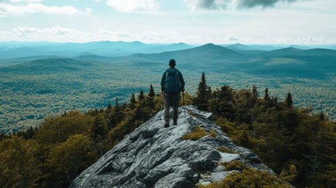 A hiker on top of a mountain looking out across the valley