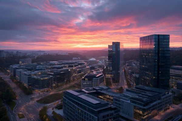 the Kirchberg Plateau business district in Luxembourg at sunrise