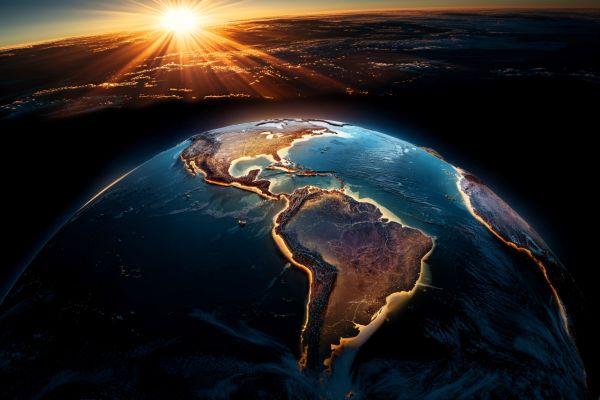 abstract view of Latin America outlined in glowing orange on a blue globe with the sun rising over the horizon