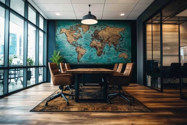 world map on office wall behind a conference table