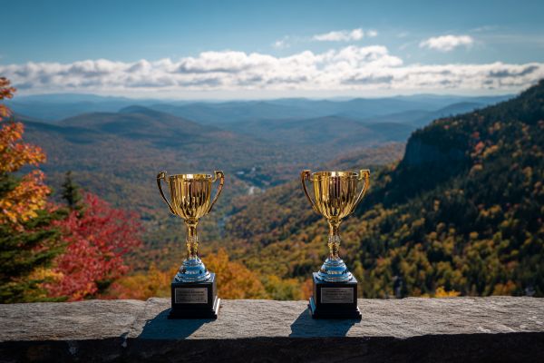 two matching gold trophies on stone wall overlooking the fall Vermont mountains