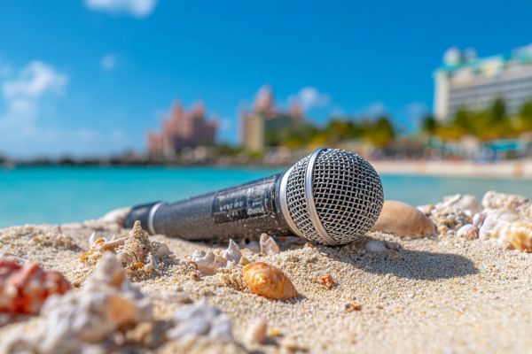 microphone laying on a beach with shells in front of an island hotel and ocean