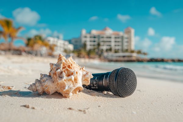 microphone next to a conch shell on a beach in the Cayman Islands with a hotel in the background