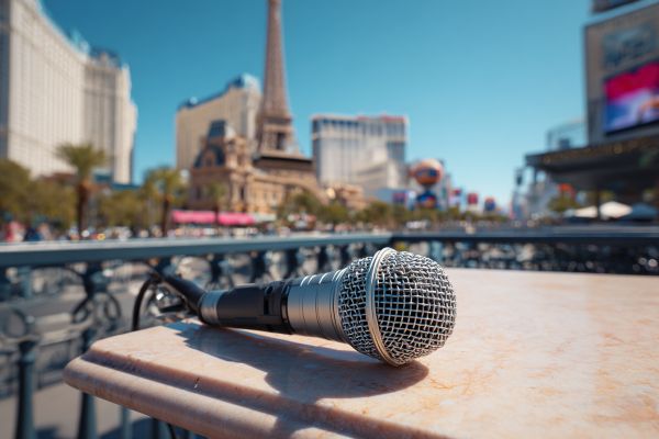 handheld microphone resting on a marble table outside at the Las Vegas strip on a sunny clear day