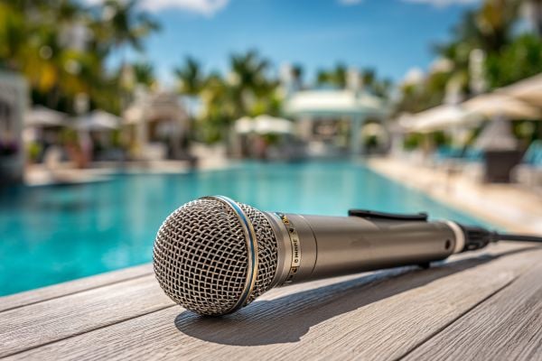 microphone on a table beside a hotel pool with palm trees