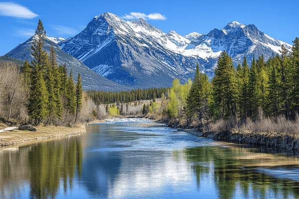 A river in front of snow-capped mountains in the springtime