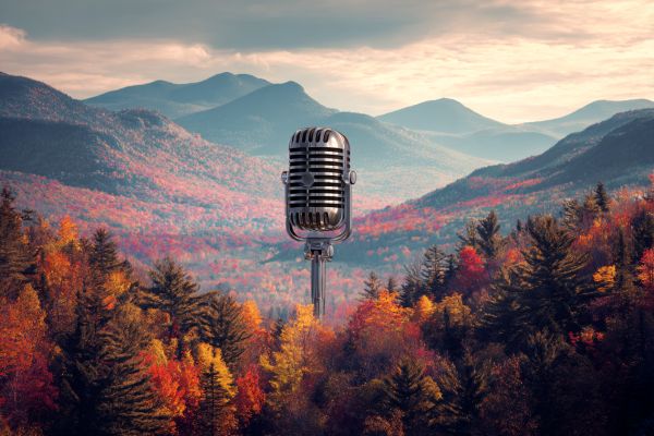 silver microphone in the middle of hazy Vermont mountains