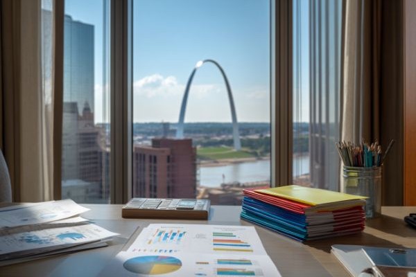 charts and graphs neatly stacked on a desk in front of a window overlooking the St Louis arch