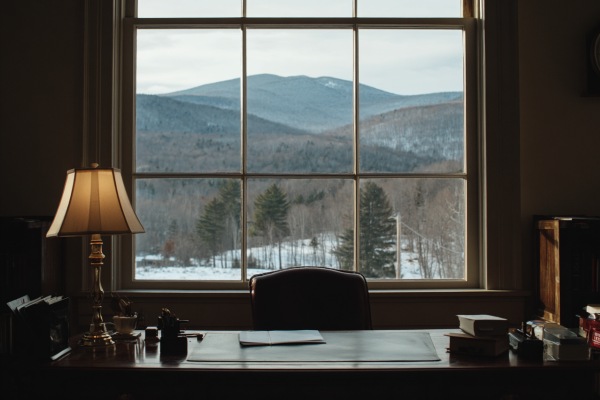 An office with the window looking out upon a snow-covered mountain