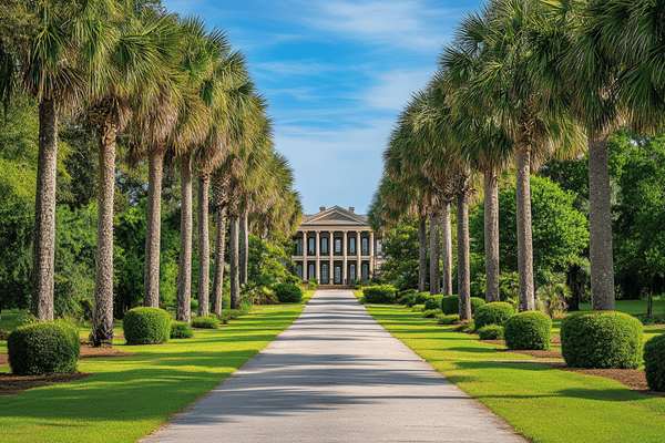 Palmetto trees lining a driveway leading to the front of a large house