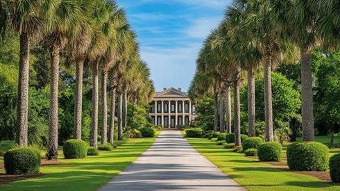 Palmetto trees lining a driveway leading to the front of a large house