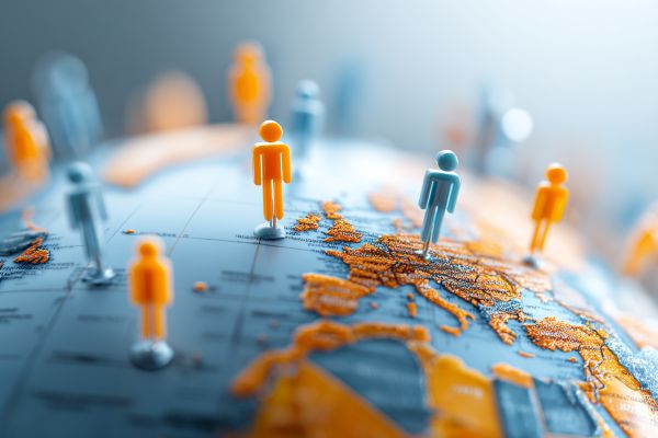 close up of 3D people icons on pins sticking out from a globe