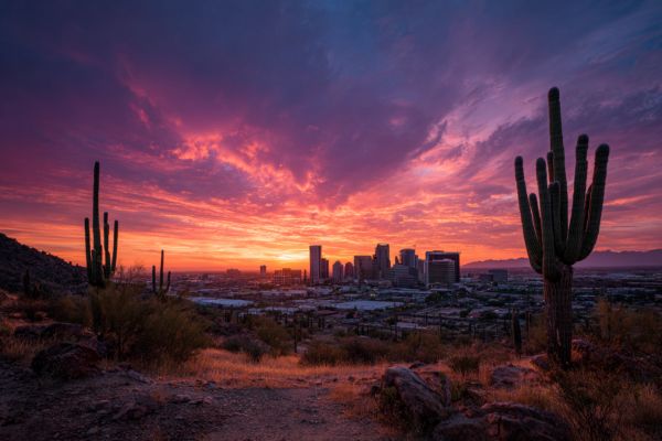 sunrise over Phoenix skyline in the Arizona desert with saguaro cacti in the foreground and buildings in the background