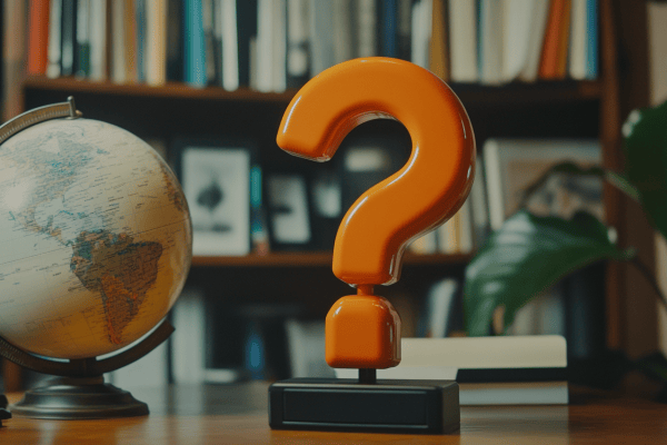 An orange question mark next to a globe with both sitting on an office desk