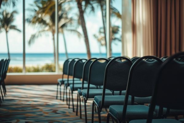 rows of chairs in a conference room with a beach view through the window
