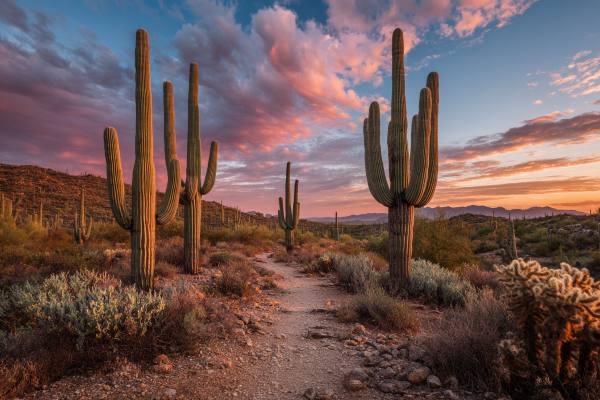 saguaro cactus plants lining a rock path through the Arizona desert at sunset