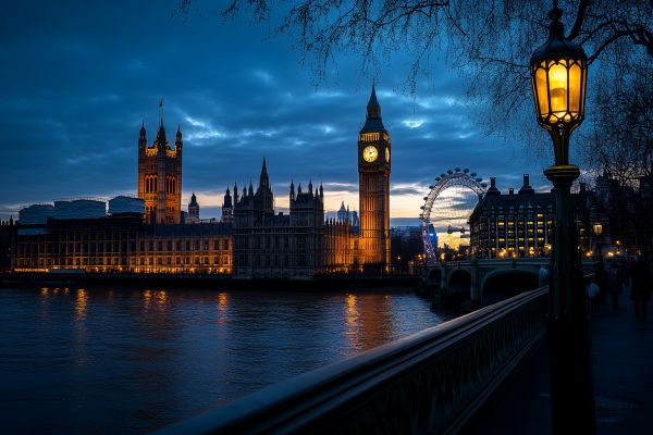 sunset view of London buildings from a bridge with a lamp post