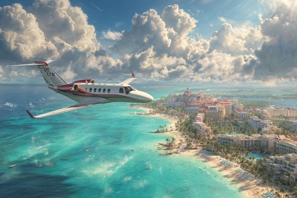 small private plane flying over the Cayman Islands with clouds and the ocean in the background