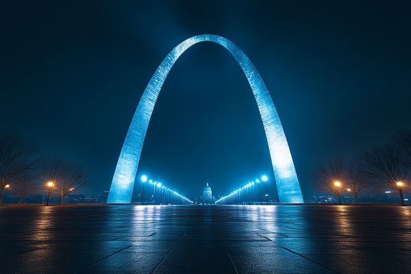 St Louis Arch lit in blue
