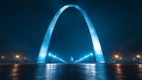 St Louis Arch lit in blue