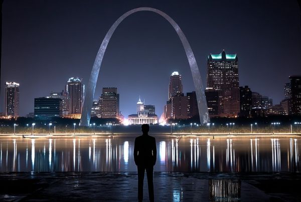 St Louis skyline lit up at night through the Gateway Arch with the silhouette of a businessman across the river