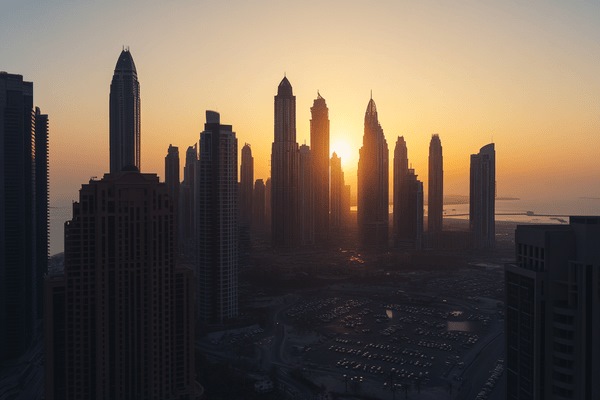 The sun rising behind skyscrapers on a clear day