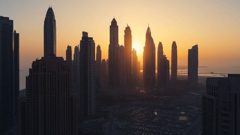 The sun rising behind skyscrapers on a clear day