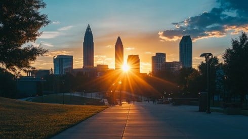 sunrise over North Carolina city skyline