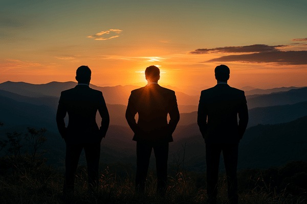 The silhouette from behind of three businessmen standing on top of a mountain looking at the sunrise