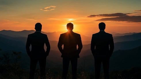 The silhouette from behind of three businessmen standing on top of a mountain looking at the sunrise